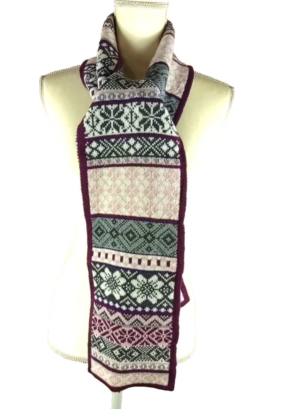 Classic Scarf Islandic Design Burgundy Gray Cream Rectangle 6.5" X 66" College